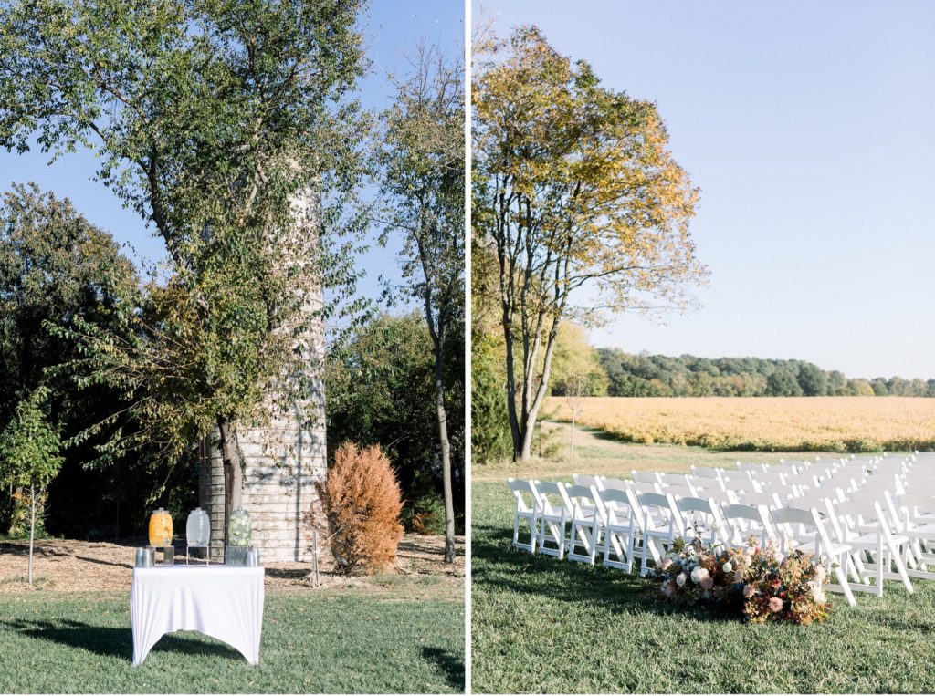 ceremony decoration, white chairs at wedding ceremony, fall farm ceremony
