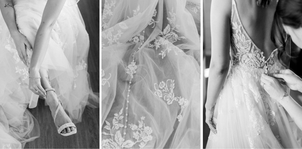 bride getting ready, tule wedding dress, floral wedding dress