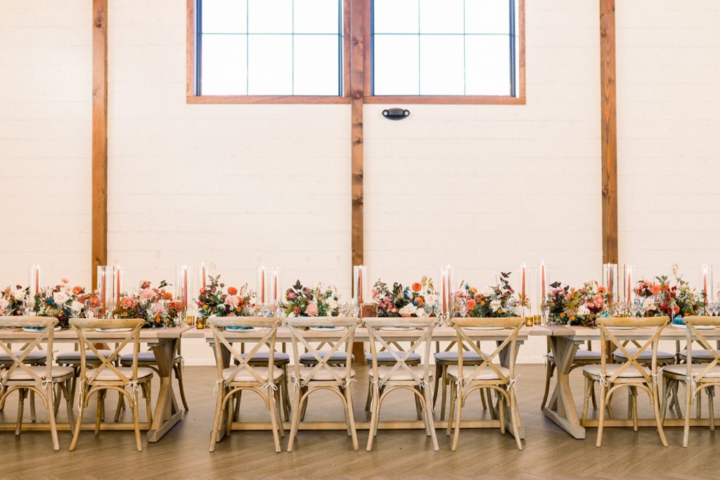 fall wedding reception tables, farm tables for wedding reception with wooden cross back chair