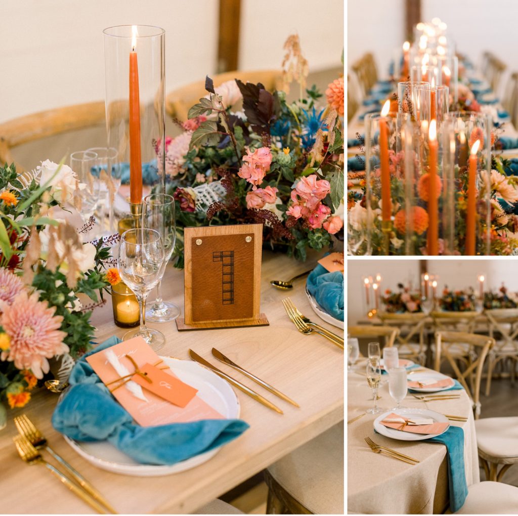 orange tapered candles, teal wedding, fall wedding table settings